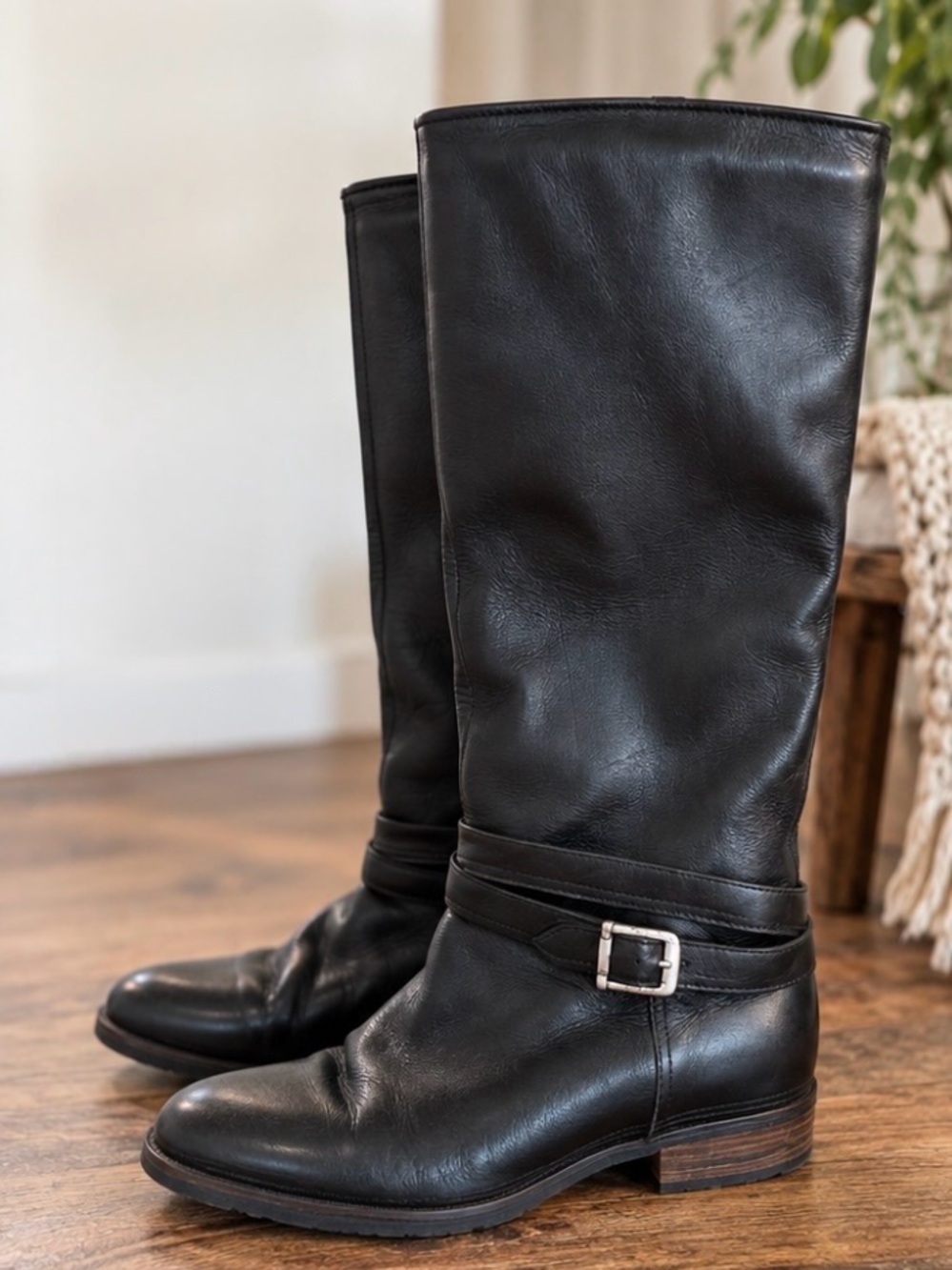 Vintage Santana Canada Black Leather Knee High Riding Boots 8.5M